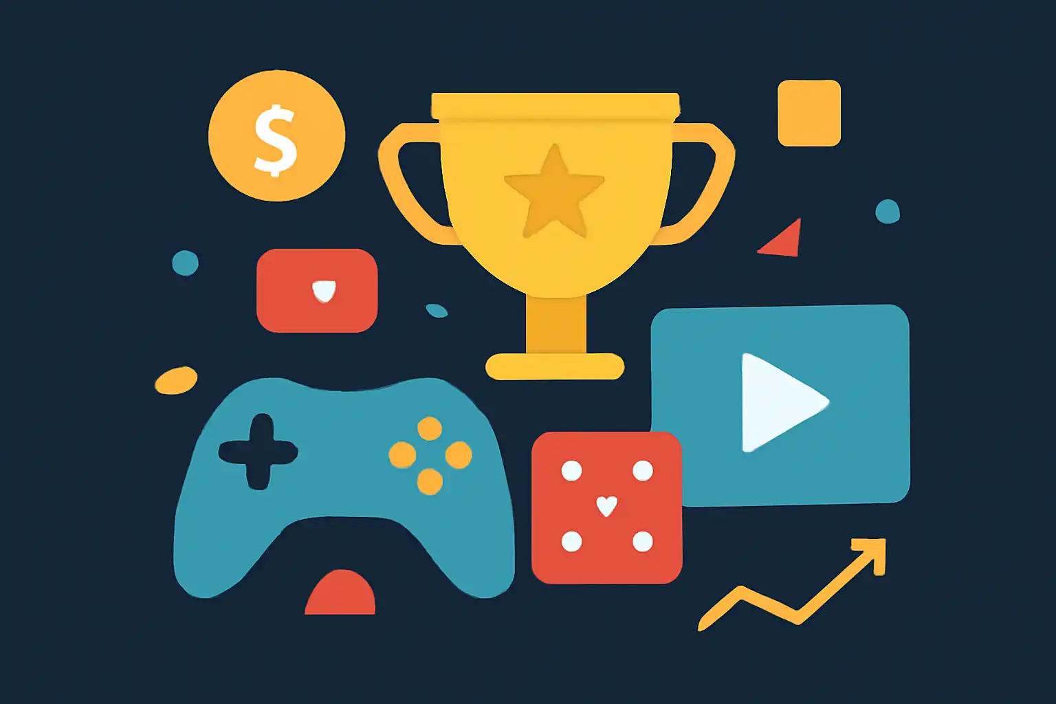 Hero illustration: Shree Win, modern flat design, dark background, brand-neutral, icons and shapes only, no text