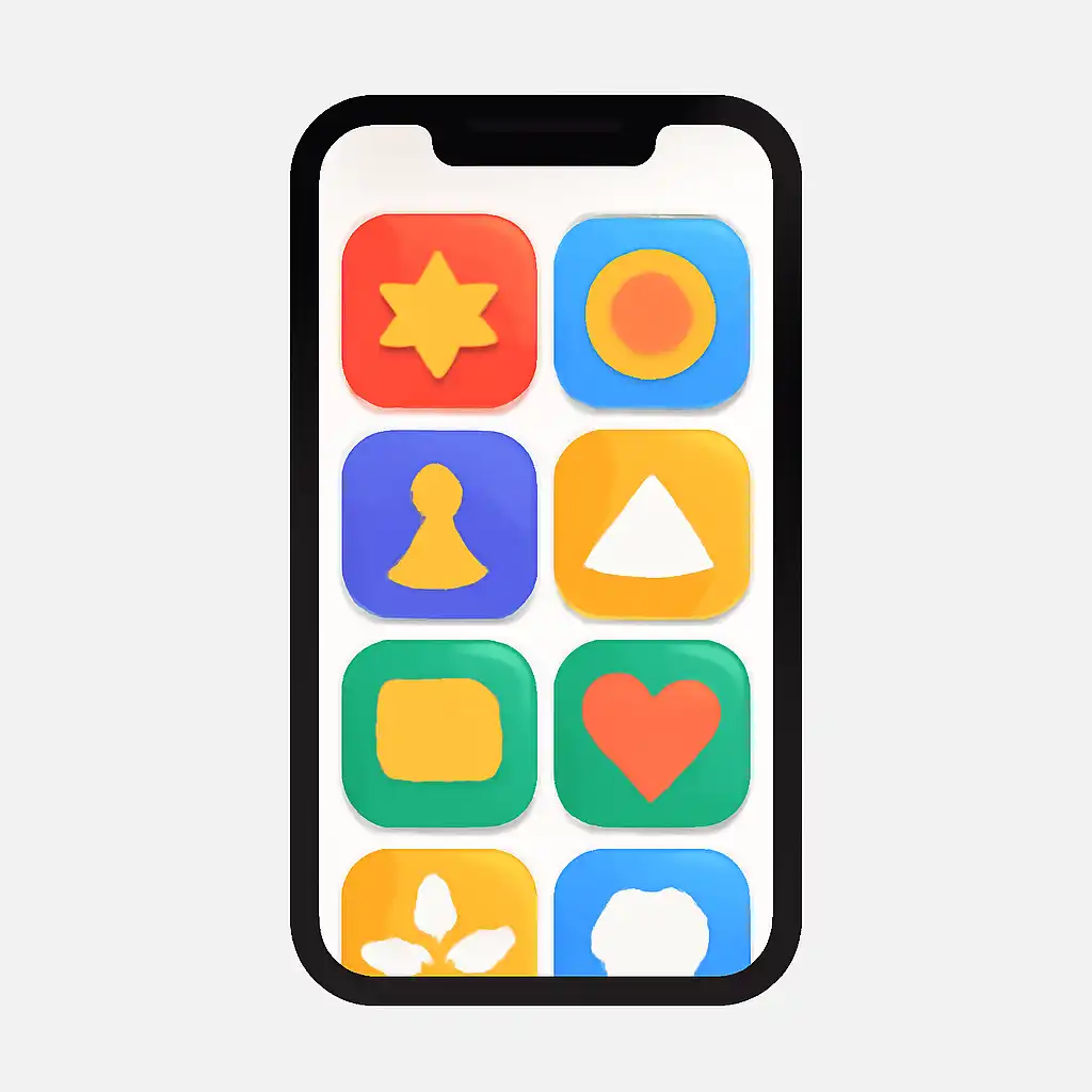 Smartphone shown from the front displaying a colourful flat layout of abstract game icons and rounded tiles (no text, no letters, no labels), Shree Win