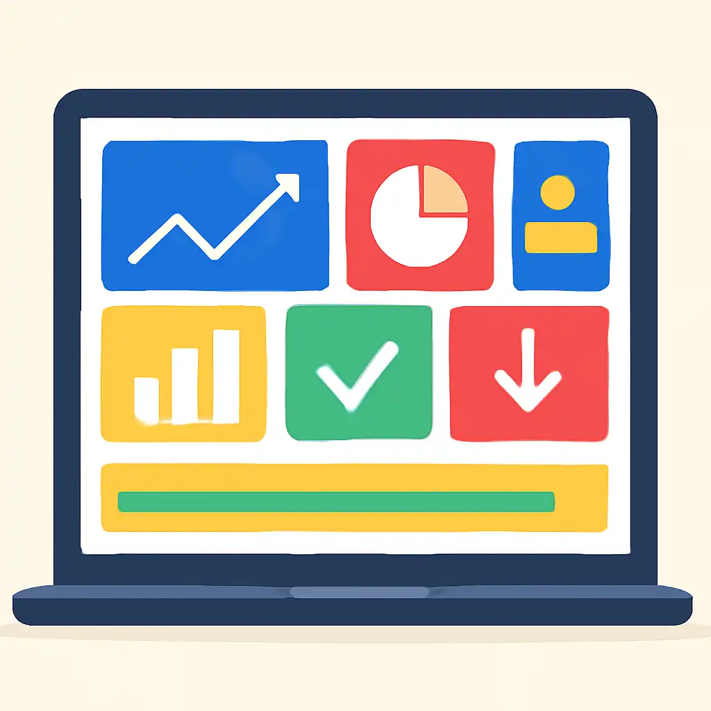 Laptop shown from the front displaying a colourful flat dashboard of abstract charts, bars and icon tiles (no text, no letters, no labels), Shree Win