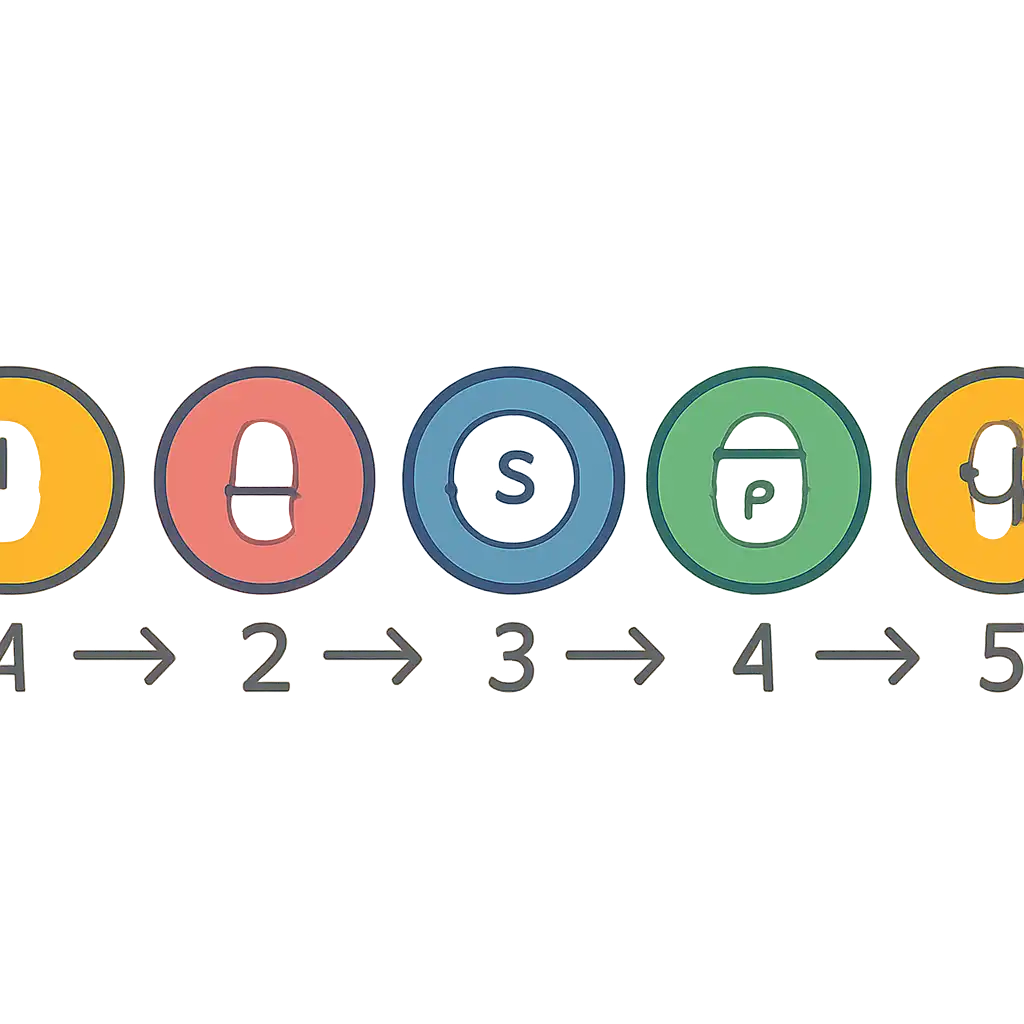 Five numbered circular icons connected by arrows in a horizontal flow, flat illustration, icons only, no words, Shree Win steps